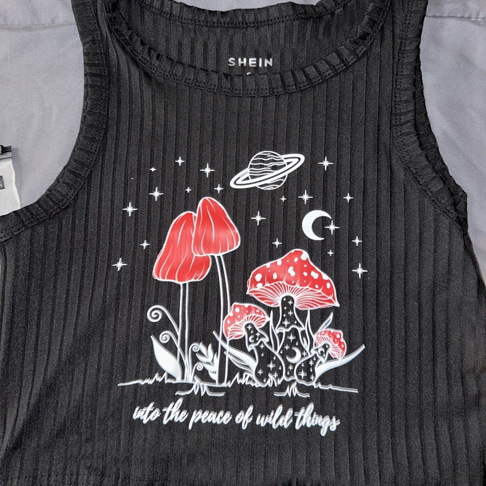 SHEIN Black Tank Top with Red Mushroom Design- size S